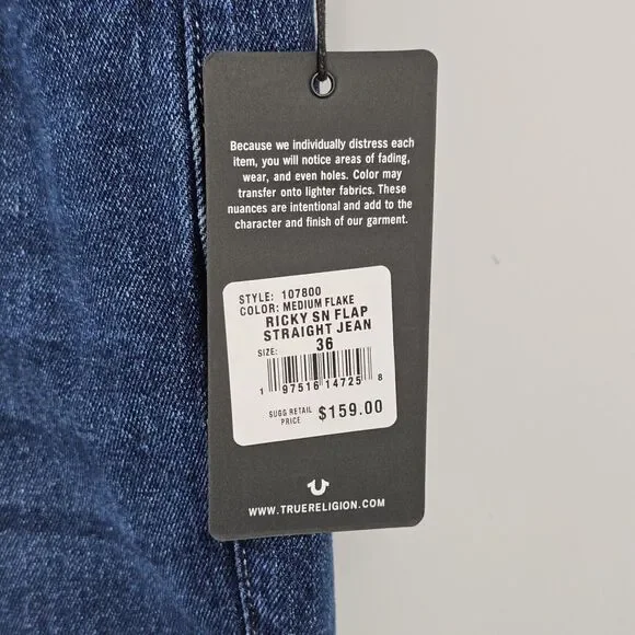 NWT True Religion Jeans Mens Size 36 Ricky Flap SN Relaxed Straight Blue Denim‎